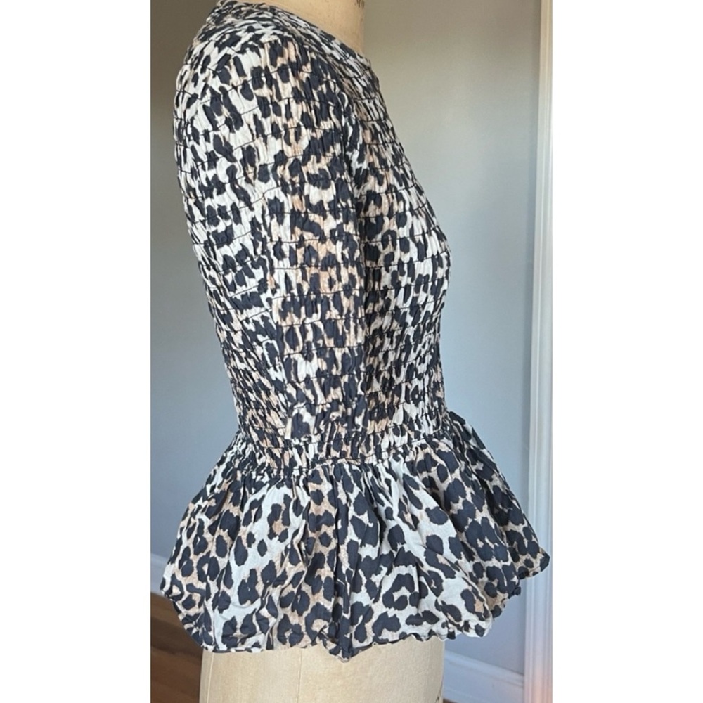 Ganni Smocked Animal Print Leopard Peplum Top 34/ XS or 2 - Picture 5 of 15